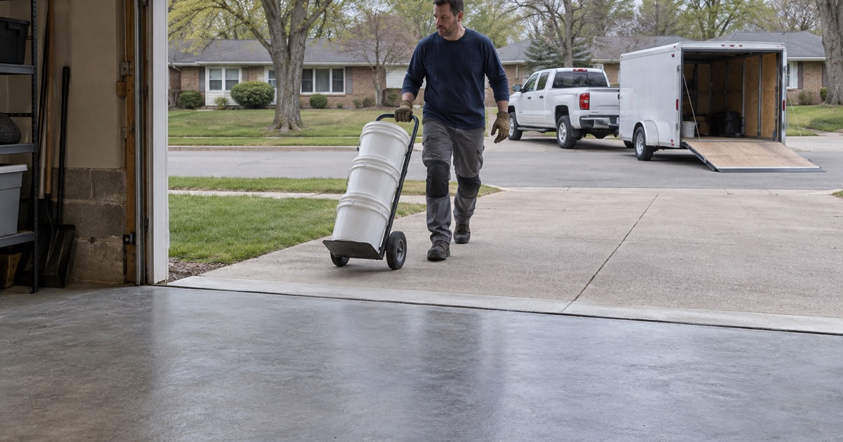 A floor crew member wheeling plain material pails up an Urbandale driveway on the first day of a garage floor job.