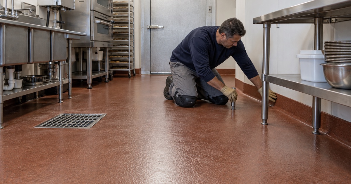 A textured urethane cement floor with an integral coved base in an Urbandale bakery-cafe kitchen, the walk-in cooler door beside it.