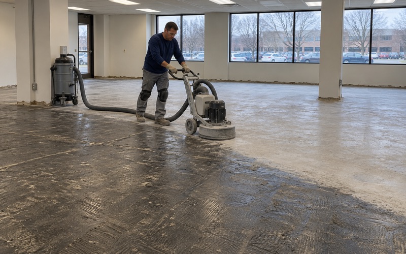 A diamond grinder taking old carpet-tile adhesive off the slab of an Urbandale office suite before a new floor goes down.