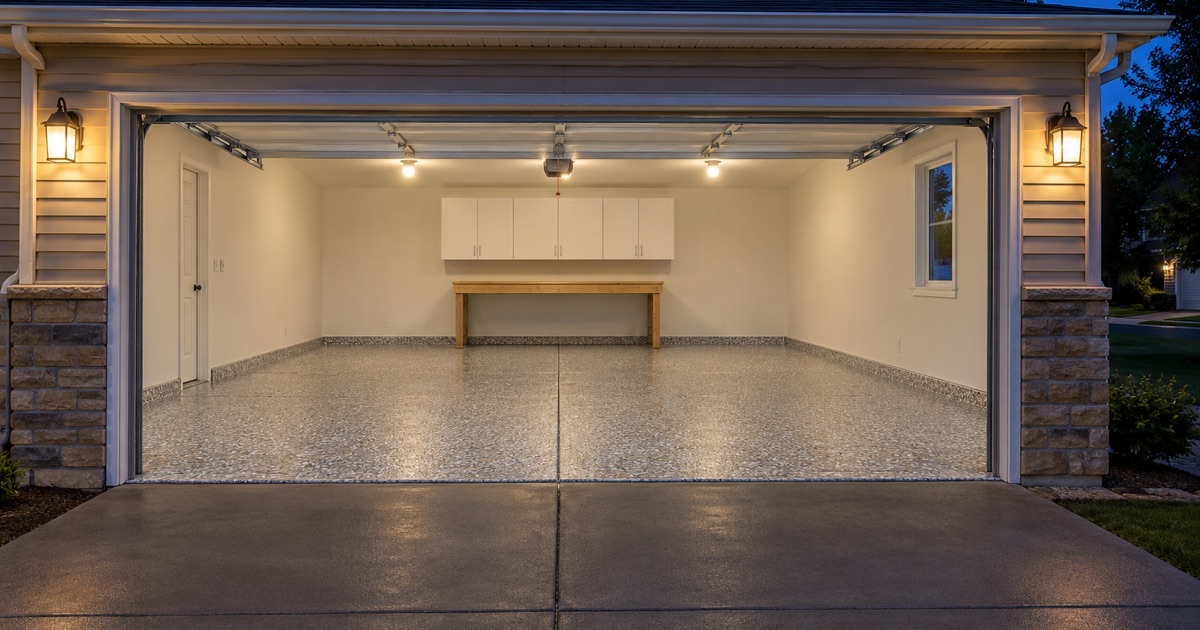 A finished, empty gray and tan flake garage floor glowing under its lights at dusk at an Urbandale home, the door raised.