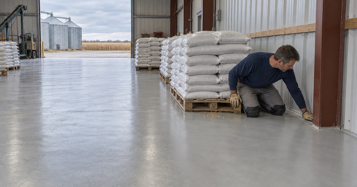 A crack-filled, sealed floor with a tight wall joint in a seed storage building outside Adel, so spilled seed sweeps up clean.
