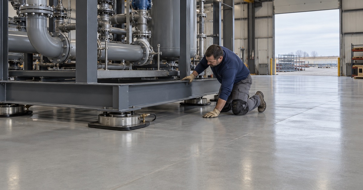 A sealed, crack-filled slab in an Altoona module plant, smooth enough to float a heavy assembly on air casters.