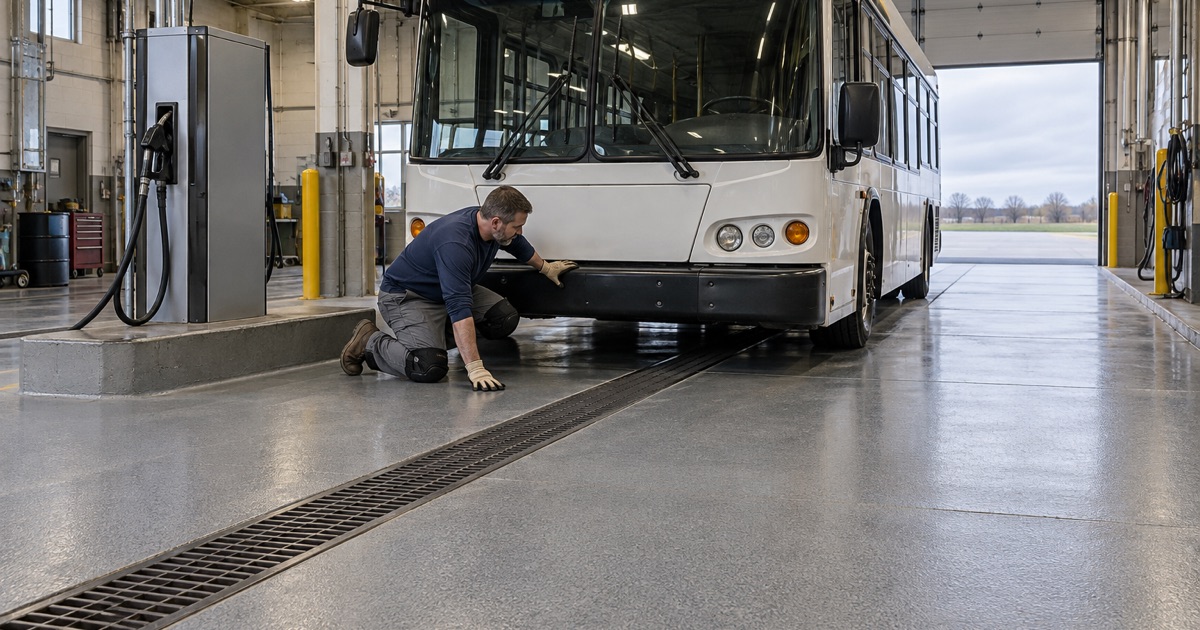 A fuel-resistant coated floor in the fueling and service lane of a transit bus garage in Ames, with the bus parked over it.