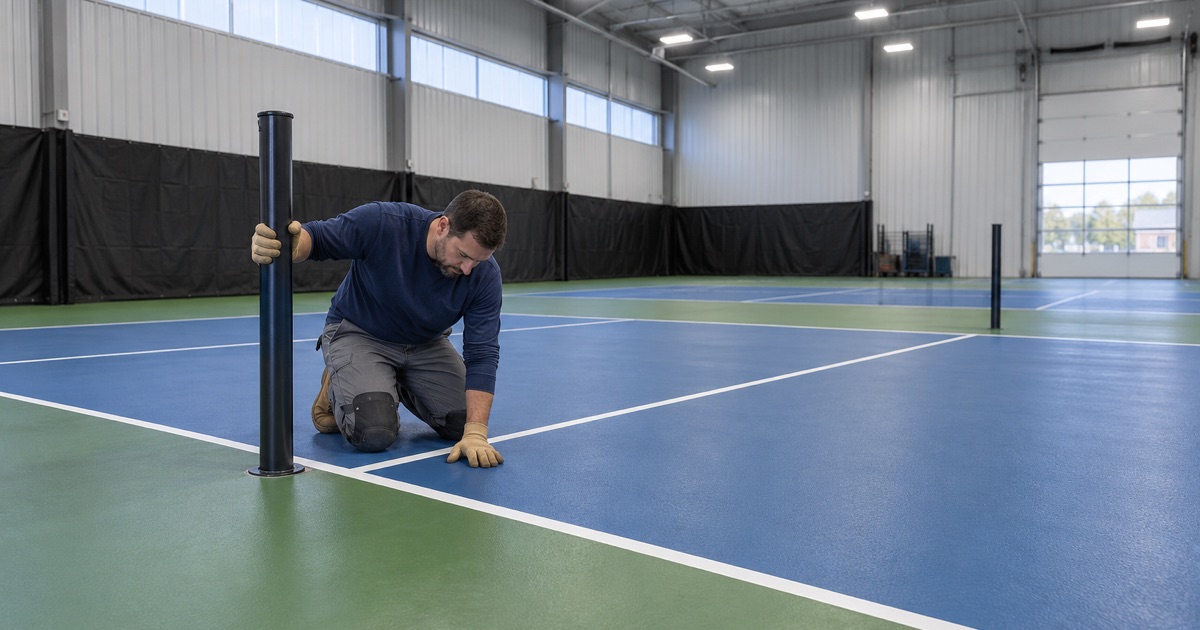 A new acrylic court surface with 2-inch contrasting lines on an indoor pickleball court in Ankeny, before the net goes up.