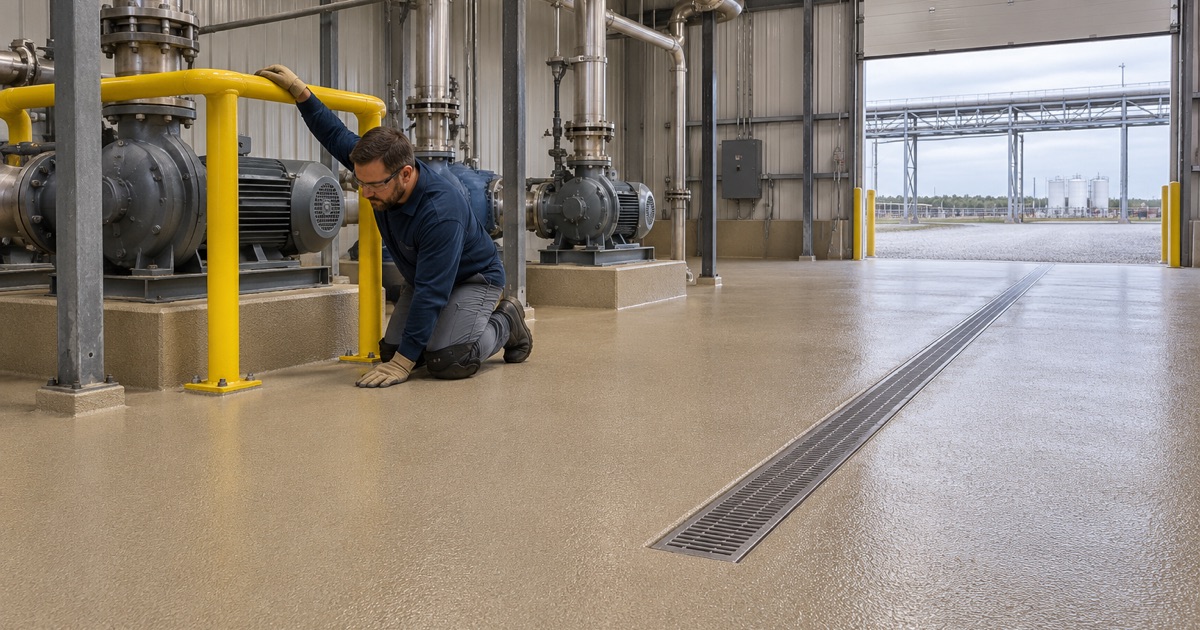 A textured resin floor around oil pumps at a Boone refinery, sealed so vegetable oil cannot soak into the concrete.