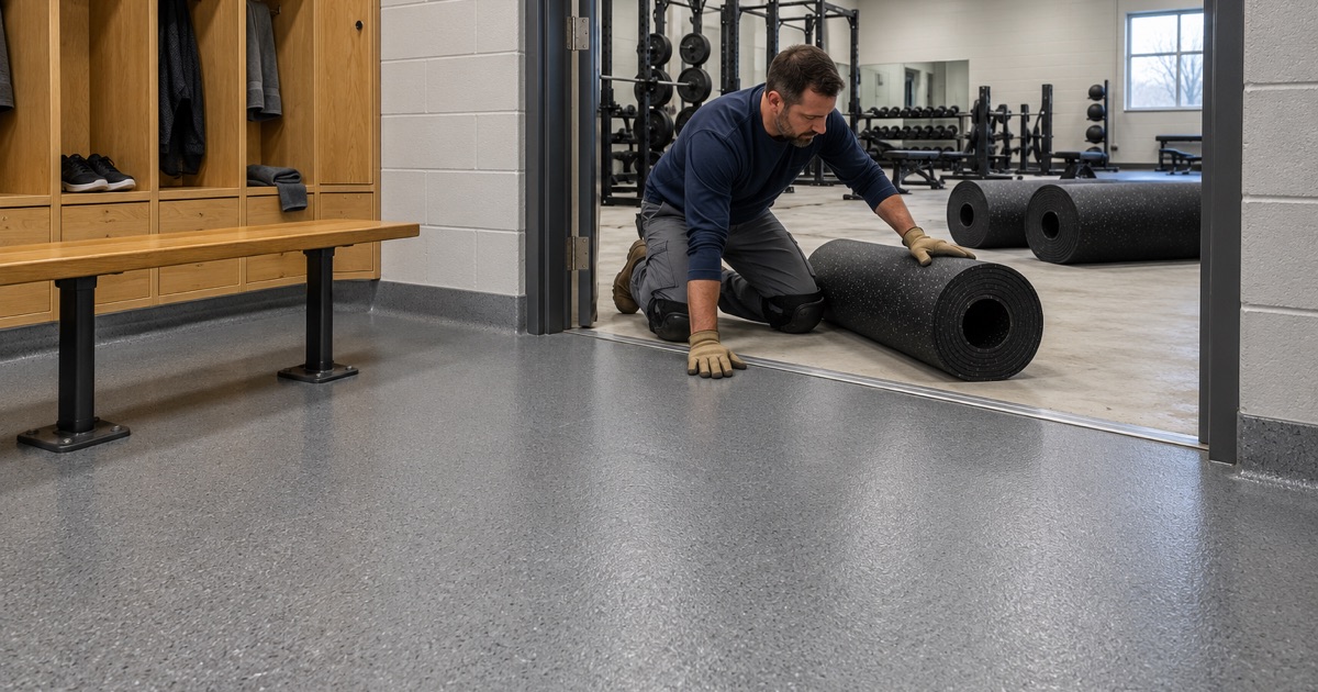 A coated locker room floor in Carlisle ending at the doorway of a weight room whose slab is ground bare for glued rubber flooring.