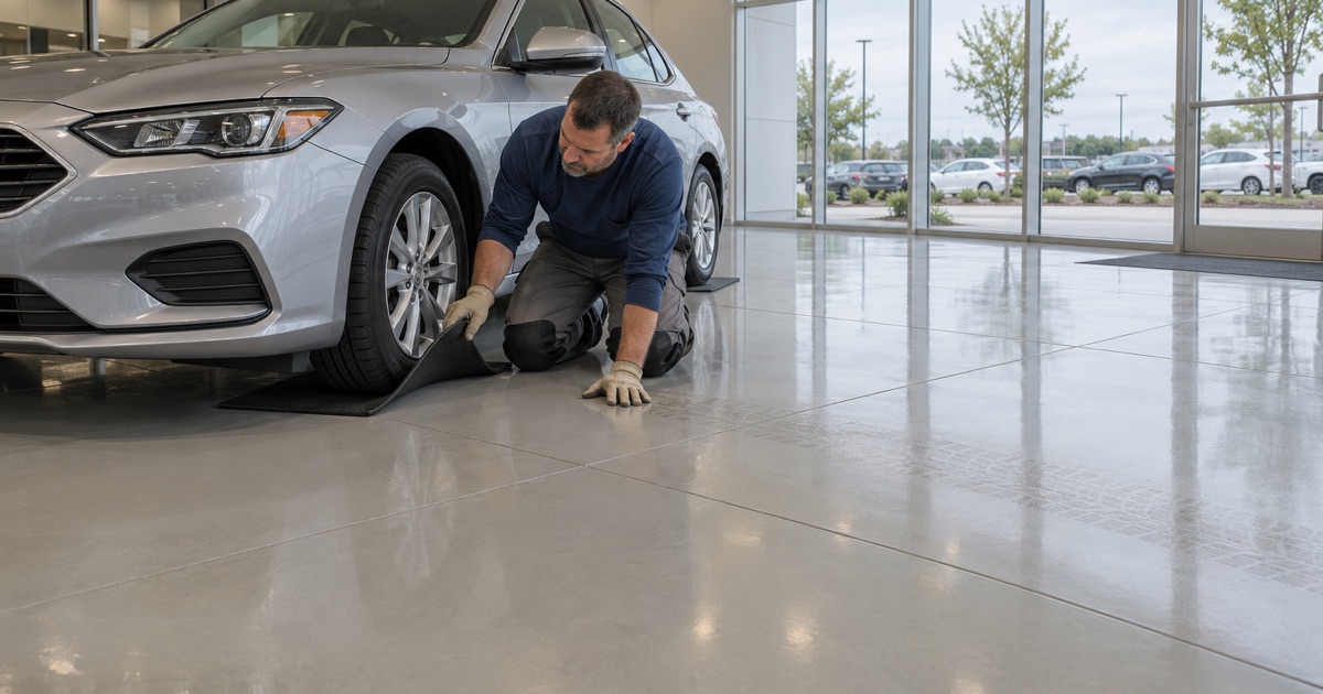 A light coated showroom floor at a Clive car dealership, a mat under each parked tire to keep tread marks off the finish.