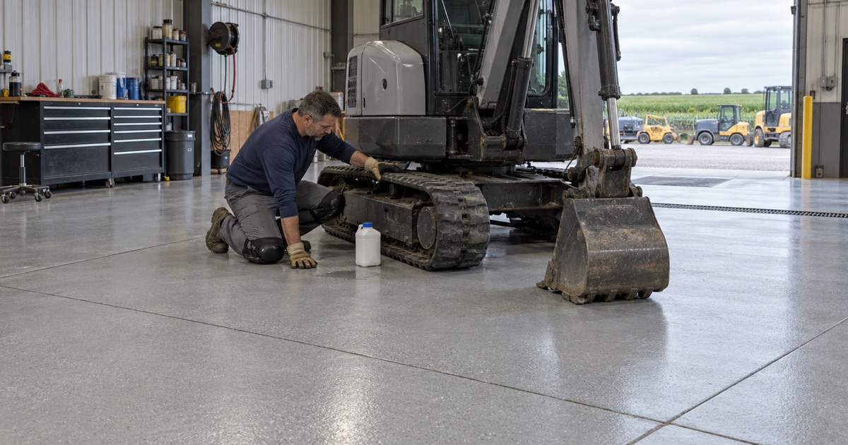 A sealed service-bay floor beside a compact excavator at a Grimes equipment dealer, where a diesel exhaust fluid drip wipes up with water.