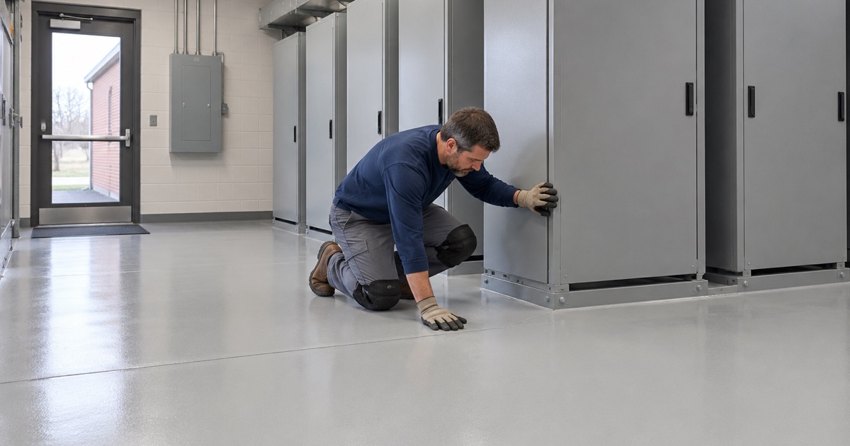 A sealed, light-colored floor in the equipment room of a telephone and fiber cooperative in Huxley, bright enough to light the racks.