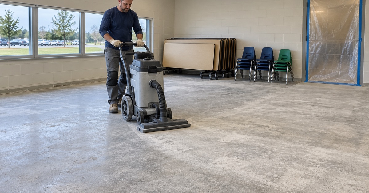 A HEPA vacuum clearing grinding dust between passes in a Johnston church child-care room emptied for floor work.