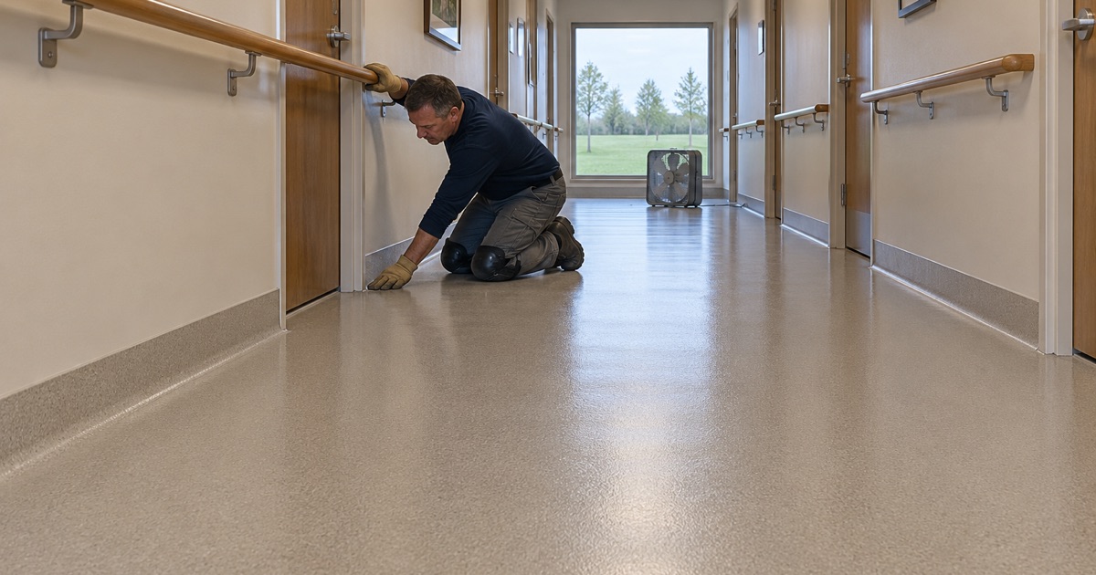 A seamless resin corridor floor in an emptied Norwalk senior-living wing, a window open for air while the floor work is done