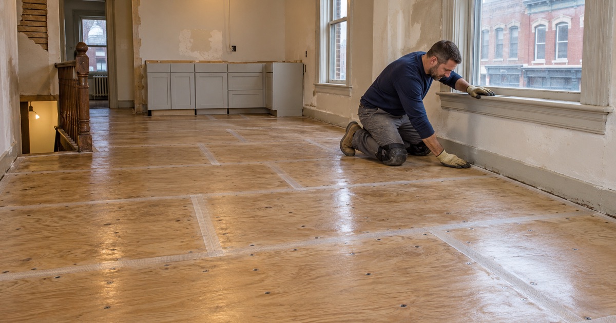 A screwed, meshed and primed plywood subfloor in an apartment over a downtown Perry storefront, ready for a resin floor.