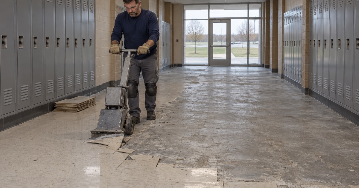 A walk-behind scraper taking an old floor up mechanically in a Pleasant Hill school corridor, with no chemical stripper