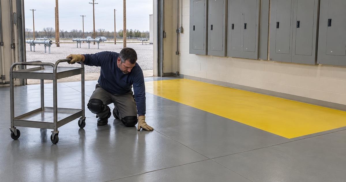 A contrasting keep-clear rectangle coated on the floor in front of an electrical panel at a utility training building in Saylorville.