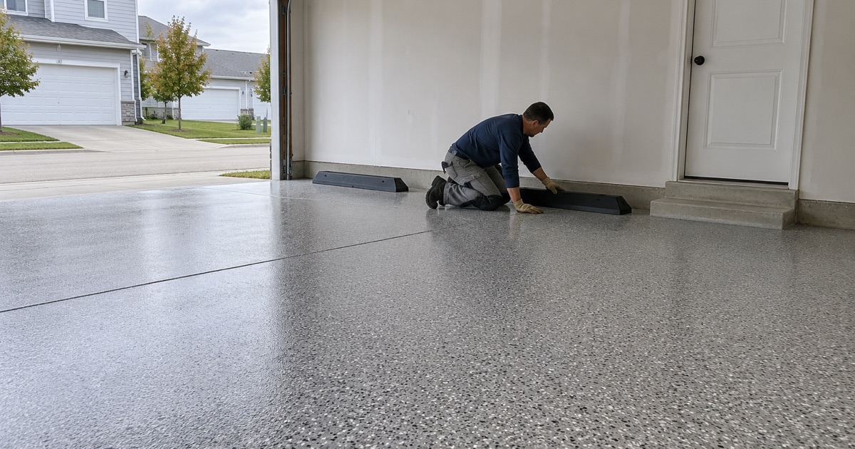 A newly coated garage floor in a rented Waukee townhome, finished with the owner’s written go-ahead before the tenant moved back in.