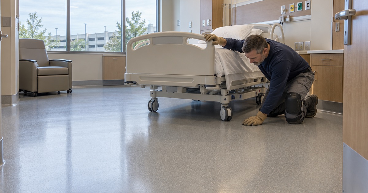 A seamless resin floor coved up the walls of a West Des Moines hospital patient room, built to survive daily disinfection.