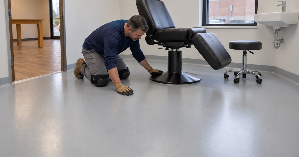 A smooth, washable resin floor in the designated tattoo room at the back of a Windsor Heights storefront studio and shop.