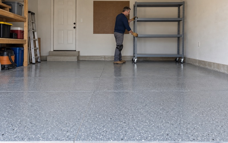 A garage shelving unit rolled back against the wall over a newly coated gray epoxy floor in a 1970s Urbandale ranch.