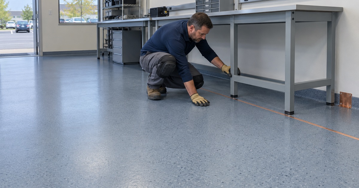 A static-dissipative floor in an Urbandale electronics workroom, its copper grounding strip running from under the benches to the wall.