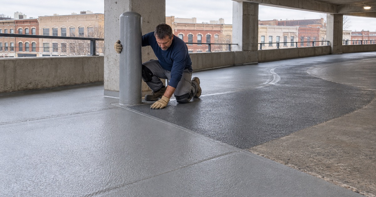 A fresh elastomeric traffic coating on the turning area of a downtown Des Moines parking garage deck, the extra wear coat at the ramp.