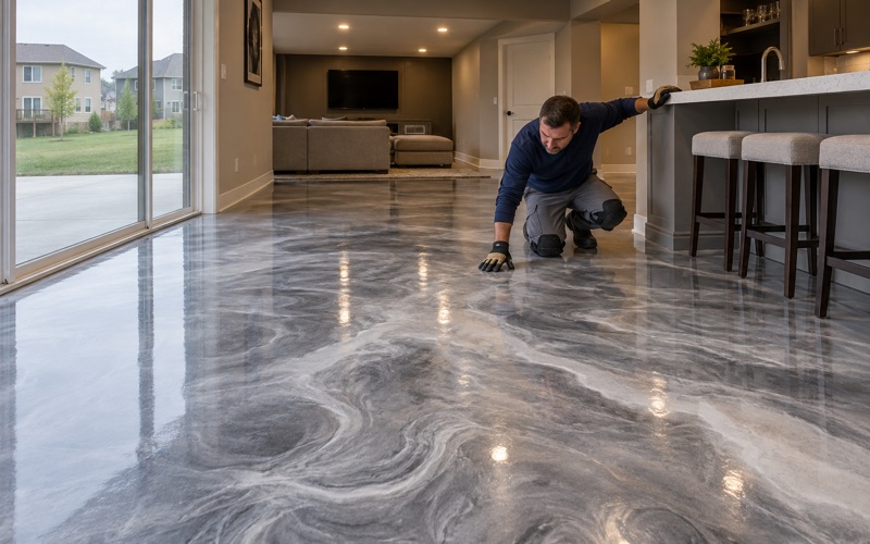 A pearl, silver and charcoal metallic epoxy floor in the finished lower-level bar of a newer Urbandale home.