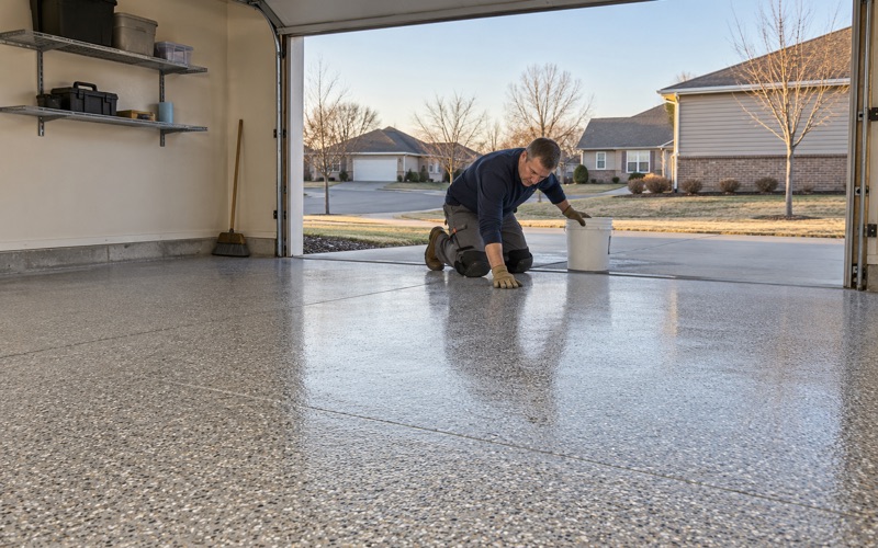 A polyaspartic flake garage floor in Urbandale coated and cured in one cold late-autumn day, the door raised that evening.