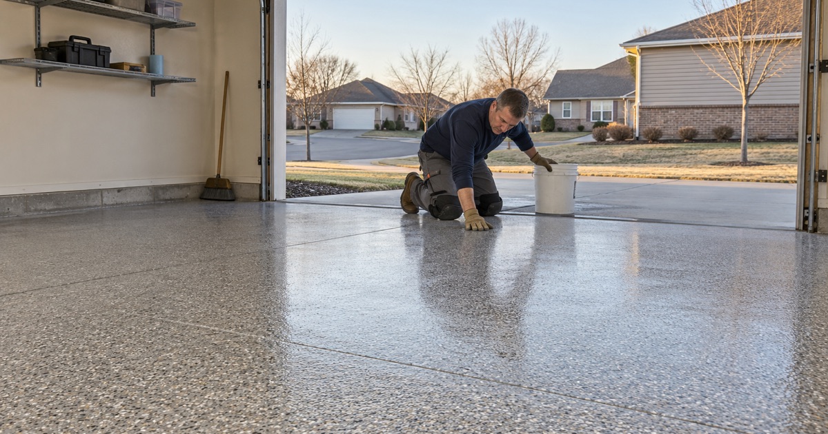 A polyaspartic flake garage floor in Urbandale coated and cured in one cold late-autumn day, the door raised that evening.